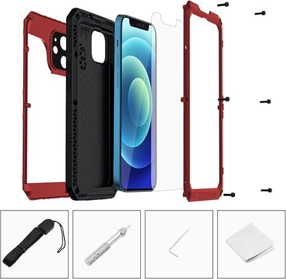 Mitywah Waterproof Case for iPhone 12, Heavy Duty Shockproof Case with Built-in Screen Protector, Full Body Underwater Protective Metal Case 6.1 inch, Red