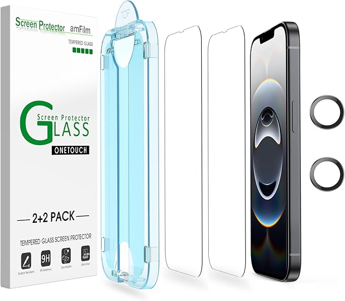 amFilm Auto-Alignment OneTouch for iPhone 16e [6.1''] Screen Protector + Camera Lens Protector, Tempered Glass, 30 Seconds Installation, Bubble Free, Case Friendly, Anti-Scratch [2+2 Pack]