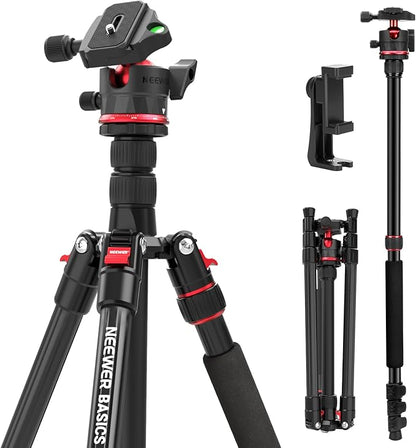 NEEWER Basics 72" / 182 cm Travel Tripod Monopod for Camera, Compact Lightweight Portable Video Recording Stand, Arca Type Ball Head, Cell Phone Holder Compatible with iPhone, Max Load 13.2 lb, TP14B