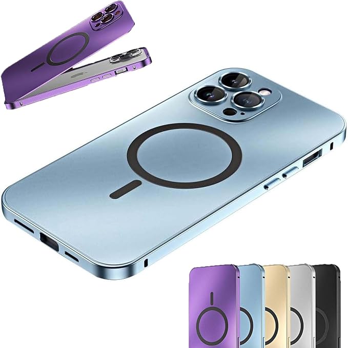 PRXD Magnetic Charging Aluminum Metal Bumper Matte Shell for iPhone, Anti-Collision Matte Snap-On Phone Case, for iPhone 16/15/14/13/12 Pro Max (Blue,12 Pro Max)