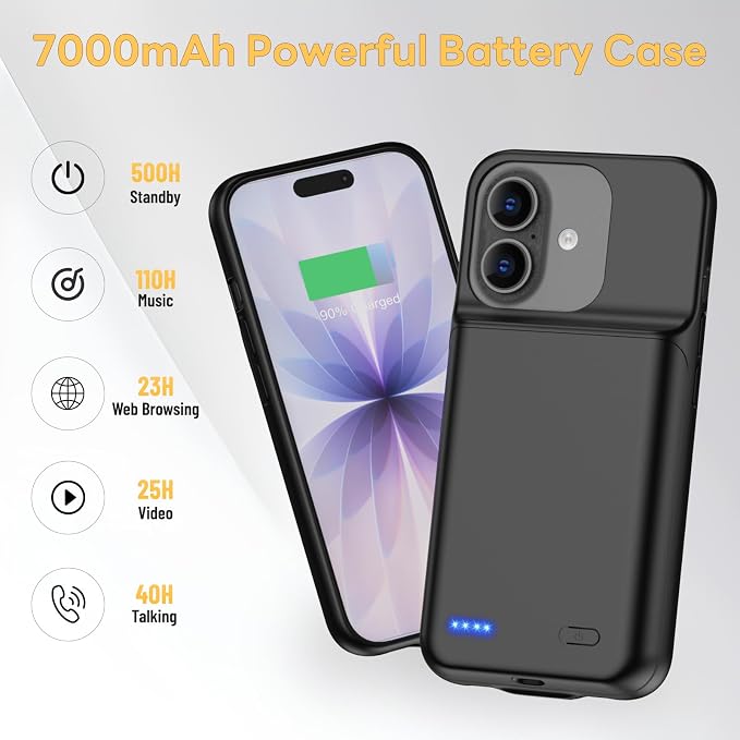 Battery Case for iPhone 17(6.3 inch), 7000mAh Ultra-Slim Protective Extended Charging Charger Case, 15W Fast Charging Rechargeable Battery Pack with Tempered Glass Screen Protector- Black