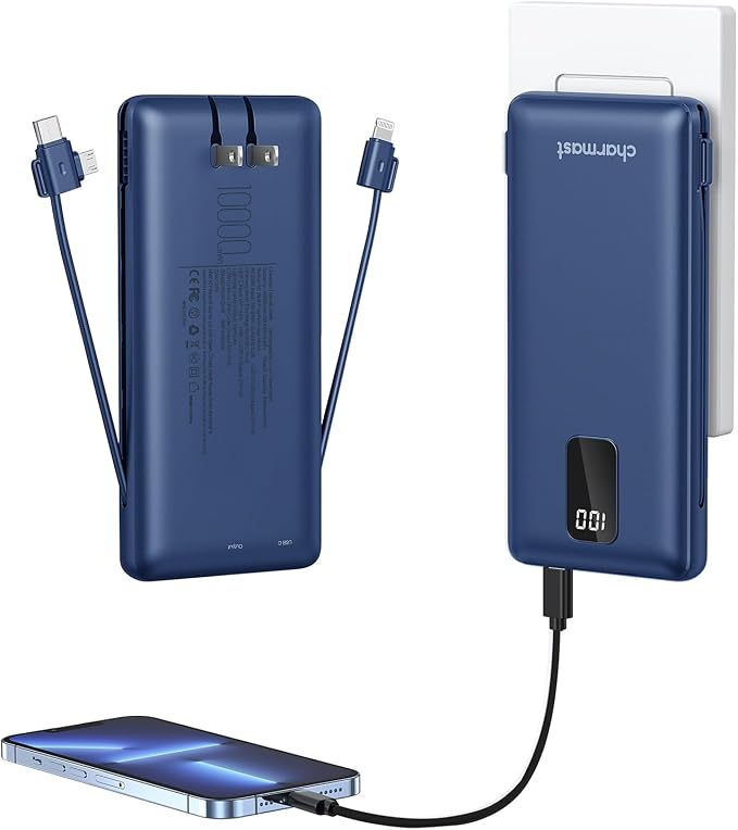 charmast Portable Charger with Built-in Cables and Plug, 10000mAh USB C Power Bank Fast Charging, External Battery Pack Slim, Travel Essentials Compatible with iPhones, Samsung Galaxy, iPad (Grey)