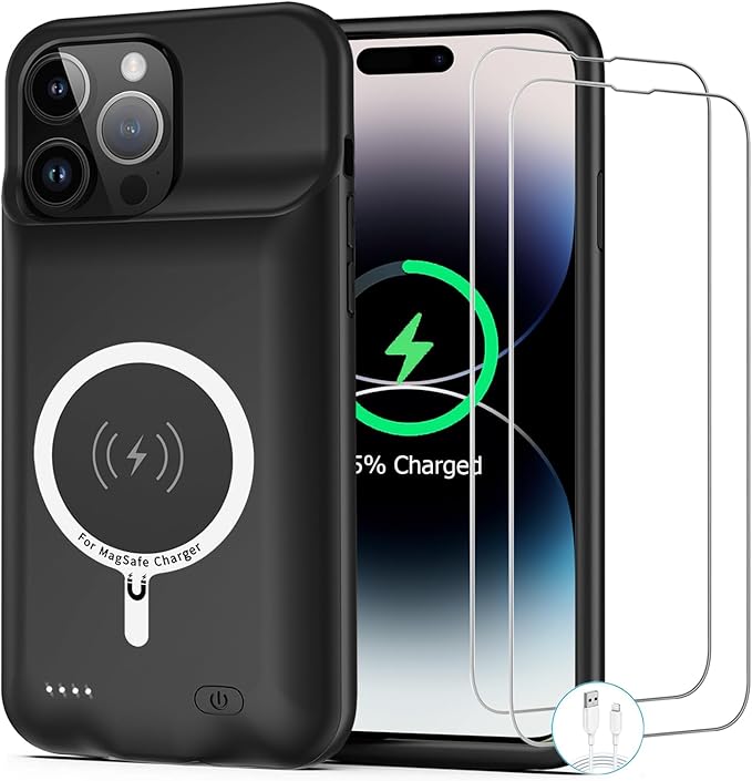 Battery Case for iPhone 14 Pro Max, [12000mAh] Enhanced Portable Protective Qi Wireless Charger Case Battery Pack with CarPlay Wireless Charging Case Compatible for iPhone 14 Pro Max (6.7 inch)-Black