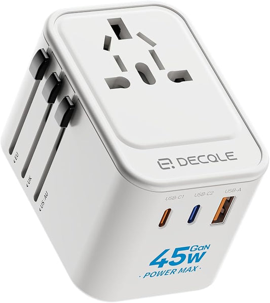 Universal Travel Adapter, 2 USB-C ＆ 1 USB-A, Cover 200+ Countries | GaN 45W, International Plug Adapter, All in One Portable Adapter, NOT A Voltage Converter, for USA, UK, EU, AU (White)