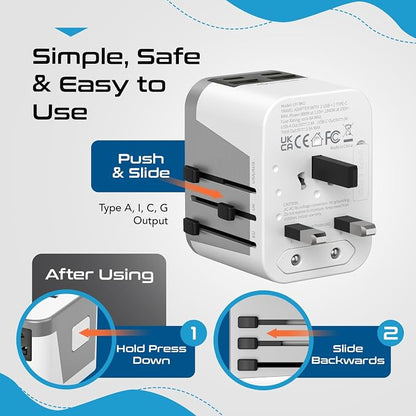 Ceptics Universal Travel Adapter for EU, UK, China, UAE, AU – International Power Adapter with Dual USB-C & USB-A – Ideal for Phone, Tablet & Smartwatch Chargers - Type A, C, G, I Plug Outputs | Universal Travel Adapter, Type A, C, G & I Plugs, Works i...