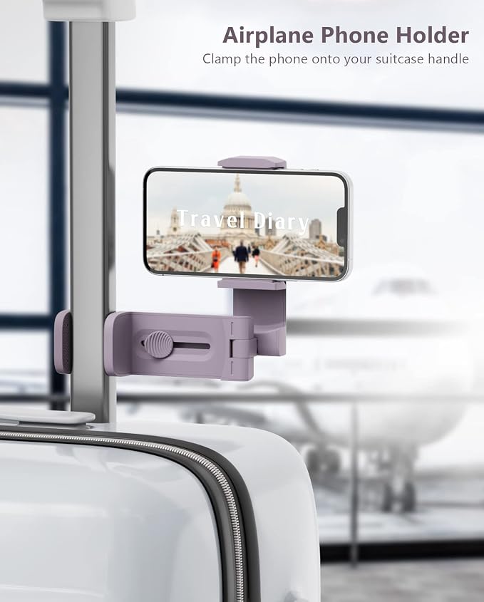 MiiKARE Travel Essentials Airplane Phone Holder, Universal Handsfree Phone Mount for Flying with 360 Degree Rotation, Travel Must Haves Phone Stand for Desk, Tray Table, Purple&Pink
