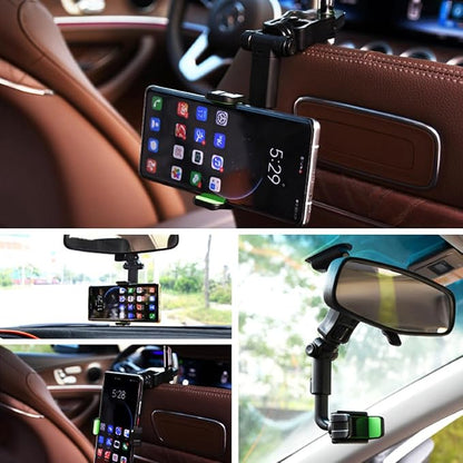 BESULEN Car Rear View Mirror Phone Holder, 360° Rotating Rearview Mirror Phone Mount, ABS Multi-Functional Adjustable Cellphone Holder, Universal Car Phone Holder for All Smartphones (Black/Green)
