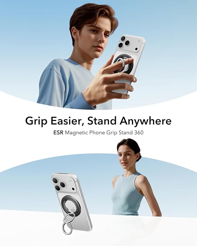 ESR for MagSafe Phone Grip, Dual-Side Magnetic Phone Grip,360° Adjustable Thin Magnetic Ring Holder Stand,for iPhone 17e/17-12, Samsung, All Phones, MagSafe Accessories (2 Metal Rings Included)