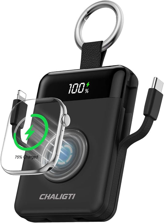 10000mAh Portable Charger,PD 22.5W Super Fast Charging Power Bank with Built-in Cables, Travel Keychain Battery Pack for iPhone 17/16/15/14/13/12,Apple Watch Ultra/11/10/9/8/7/6/SE (Black)
