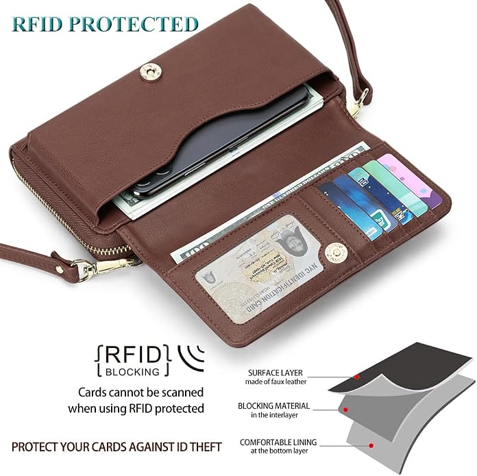Peacocktion Crossbody Bags for Women RFID Wristlet Wallets Travel Vegan Leather Small Clutch Purses with Phone Pocket Zipper