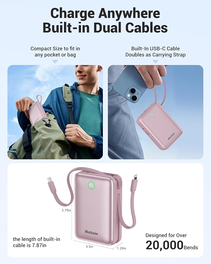 Hichain Portable Charger 35W 20000mAh Power Bank with Dual in Cables Pink | Fast Charging Battery Pack Compact Battery Bank with Digital Display for iPhone Android Portable Phone Charger