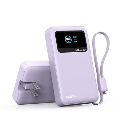 MOKiN 3-in-1 Power Bank,10000mAh 40W Portable Charger with Foldable Plug,Built-in USB-C Cable & LCD Display,Travel Essential Phone Fast Charging Battery Pack,for iPhone 17/16,Samsung etc (Purple)