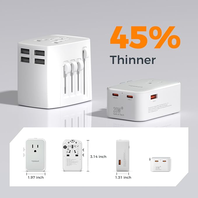 TESSAN Ultra Slim Universal Travel Adapter, International Power Plug | 20W, 2 USB-C 1 USB-A, US to European UK Spain Italy England New Zealand, Type C G A I