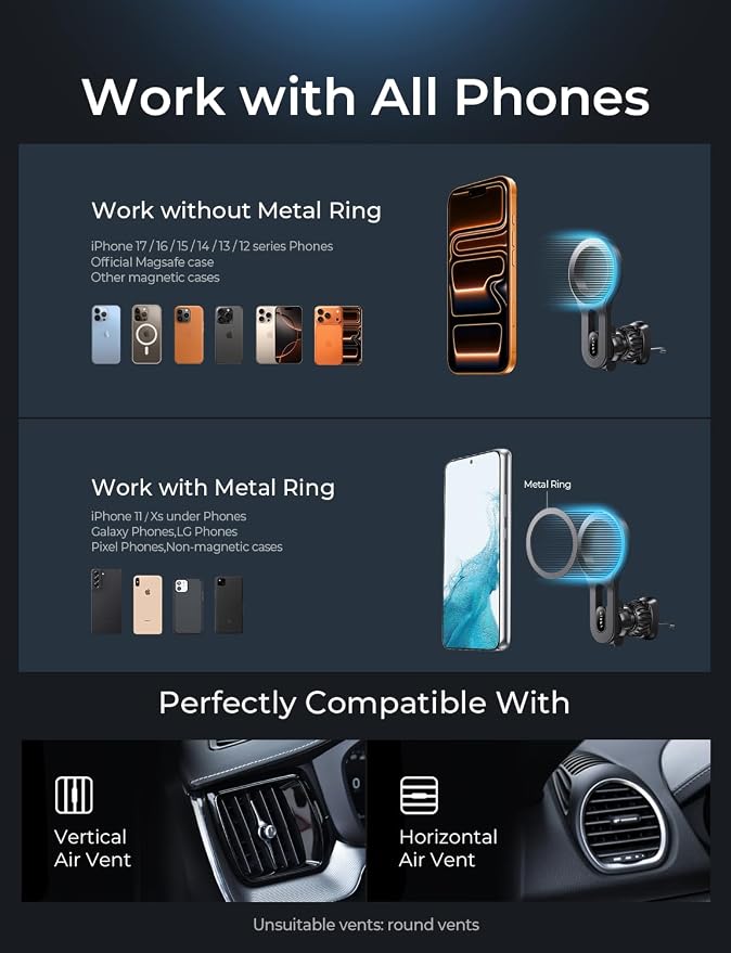 LISEN for MagSafe Car Mount, 2026 Magnetic Phone Holders for Car Air Vent Phone Mount [Ultra-Magnetic] Hands Free Cell Phone Holder Car Accessories Gifts for Men Women fit iPhone 17 16 15 14 13 12 Pro