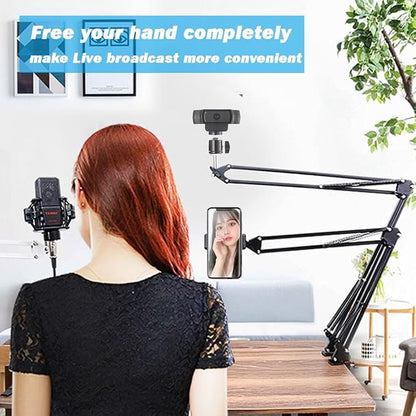 Overhead Tripod Mount for Camera Webcam Ring Light, Over Head Articulating Arm with Phone Holder and Ball Head, Desktop Suspension Scissor Accessory for Live Streaming,Video Recording