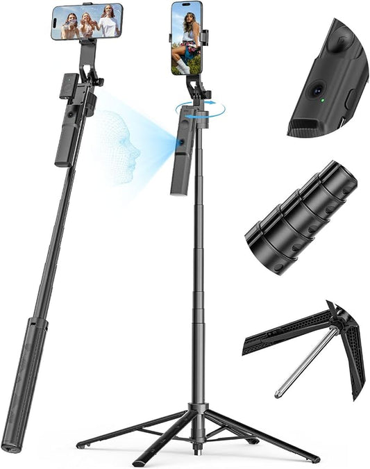 USKEYVISION Auto Face Tracking Tripod for iPhone 360°Rotation,Selfie Stick for Android w/Remote&Ground Spike,68” Phone Tripod Stand that Follows Your Movement for Video Recording,Vlogging(R01)