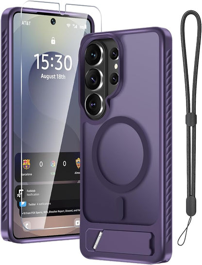 RMOCR for Samsung Galaxy S26 Ultra Case with Screen Protector+Lanyard Wrist Strap,Magnetic Translucent Matte Rugged Slim Phone Cover Built in Invisible Kickstand [Fit for MagSafe],2026 Purple