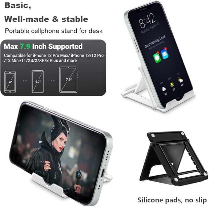 2 Pack Portable Cell Phone Stand Holder for Desk, Foldable Pocket-Sized Mount, Universal Adjustable Desktop Mobile Phone Kickstand Compatible with iPhone IPads Kindle Android Black & White