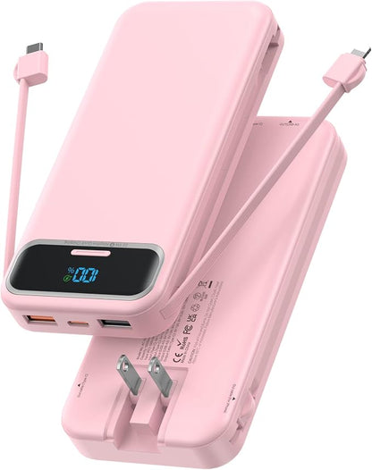 Nusyddy Portable Charger 12000mAh 22.5W w/Built-in Cables & Wall Plug Pink | 22.5W Fast Charging, LED Display, Pass Through Charging, TSA Approved, Portable & Slim, Power Bank for iPhone, iPad, Samsung