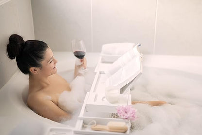 3-in-1 Premium Bathtub Caddy, Laptop Desk & Bed Tray with Extendable Arms and Adjustable Legs - Includes a Free Soap Dish, Two Spa Trays and Tablet/Wine Glass/Candle/Phone Holders - White Bamboo