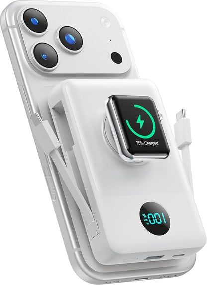 6 in 1 Magnetic Portable Charger for iPhone with Built-in Cables, 10800mAh 25W PD Fast Charging Power Bank, 6 Outputs Travel Essential Battery Pack for iPhone 17/16/15/14/13/12,Apple Watch (White)