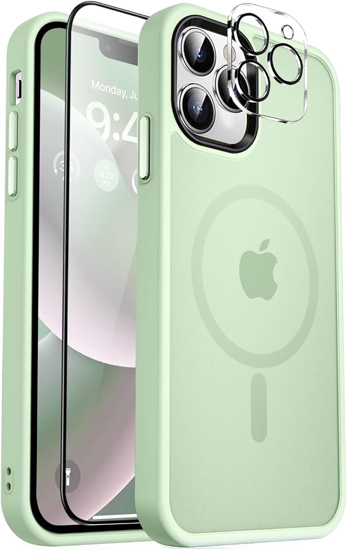 MOCCA Strong Magnetic for iPhone 12 Pro Max Case,[Compatible with Magsafe][Glass Screen Protector+Camera Lens Protector] Slim Thin Shockproof Cover Phone Case for iPhone 12 Pro Max 6.7", Light Green