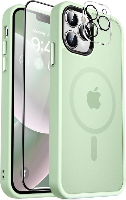 MOCCA Strong Magnetic for iPhone 12 Pro Max Case,[Compatible with Magsafe][Glass Screen Protector+Camera Lens Protector] Slim Thin Shockproof Cover Phone Case for iPhone 12 Pro Max 6.7", Light Green