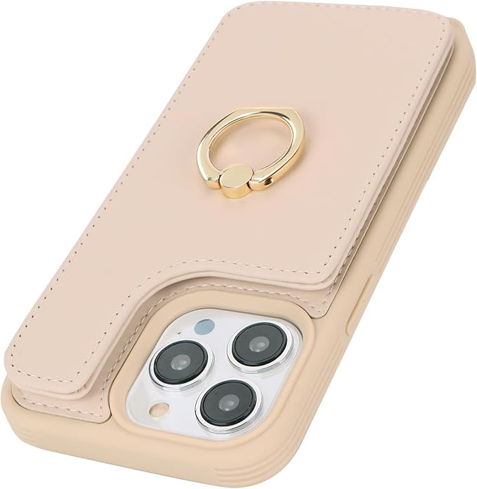 Lipvina for iPhone 13 Pro Case with Card Holder for Women,Crossbody Strap Lanyard,Credit Card Holder,Ring Stand,Snap Clasp,Wallet Case 6.1 inch (Beige)