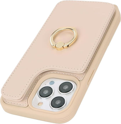 Lipvina for iPhone 13 Pro Case with Card Holder for Women,Crossbody Strap Lanyard,Credit Card Holder,Ring Stand,Snap Clasp,Wallet Case 6.1 inch (Beige)