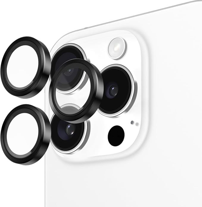 Pelican Camera Lens Protector w/Aluminum Rings for iPhone 16 Pro Max/iPhone 16 Pro - 9H Tempered Glass - Durable Anti-Scratch, Anti-Shatter, HD View w/Night Shoot, Case Friendly, Easy Install - Black