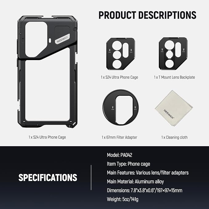 Neewer S24 Ultra Phone Cage with 67mm Filter Adapter, 17mm Lens Backplate, T Mount Lens Adapter, Cleaning Cloth, Smartphone Video Rig Stabilizer Compatible with Samsung Moment T Series Lenses, PA042