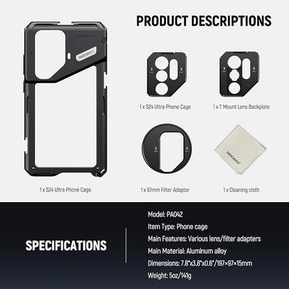 Neewer S24 Ultra Phone Cage with 67mm Filter Adapter, 17mm Lens Backplate, T Mount Lens Adapter, Cleaning Cloth, Smartphone Video Rig Stabilizer Compatible with Samsung Moment T Series Lenses, PA042