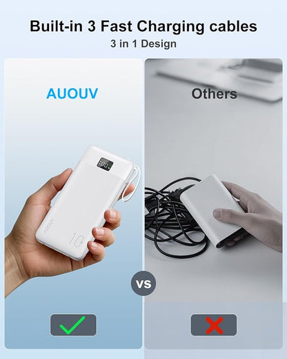 Portable Charger 10000mAh 22.5W PD 3.0+QC 4.0 Super Fast Charging Power Bank with Built-in Cables & AC Wall Plug, Slim External USB C Battery Pack for iPhone 17/16/15/14/13, Android, Samsung, iPad,etc