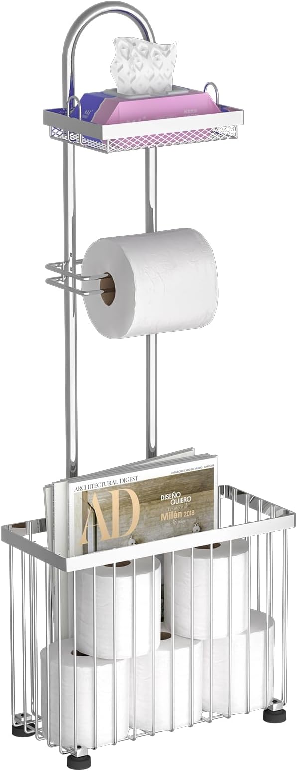 Freestanding Toilet Paper Holder Toilet Tissue Rack Scroll Stand Roll Dispenser with Storage Shelf Reserve for Phone Tablet Magazine Bathroom Organizer Bath Tissue Organizer (Silver)