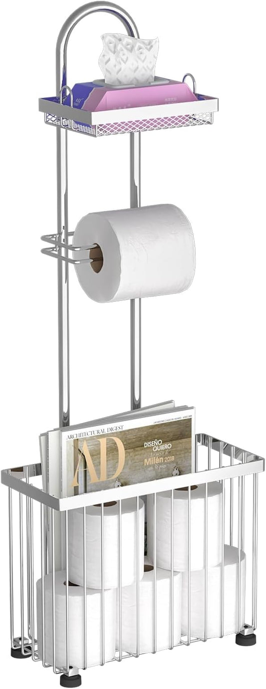 Freestanding Toilet Paper Holder Toilet Tissue Rack Scroll Stand Roll Dispenser with Storage Shelf Reserve for Phone Tablet Magazine Bathroom Organizer Bath Tissue Organizer (Silver)