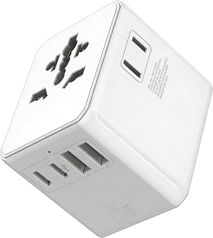 Universal Travel Adapter 25W, International Power Plug Converter with 2500W High Power Support, All-in-One AC Adapter for Europe UK US AUS, 2 USB-C + 2 USB-A Ports, Compact Travel Charger