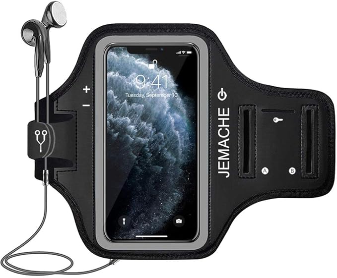 iPhone 17 16 15 Pro Max Armband with Earphone Holder, JEMACHE Gym Running Workouts Arm Band for iPhone Air, 17 16 15 14 13 12 Pro Max/Plus (Black)
