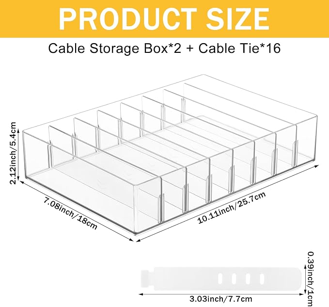 2Pcs Cable Charger Organizer Box with 16Pcs Wire Ties Large Plastic Cords Storage Organizer with Adjustable Compartments Electronics Organizer Stackable Cord Storage Box for Drawer Home Office, Clear