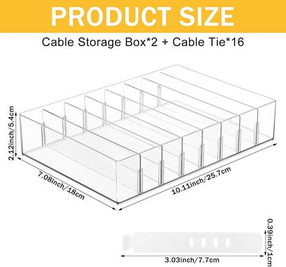 2Pcs Cable Charger Organizer Box with 16Pcs Wire Ties Large Plastic Cords Storage Organizer with Adjustable Compartments Electronics Organizer Stackable Cord Storage Box for Drawer Home Office, Clear