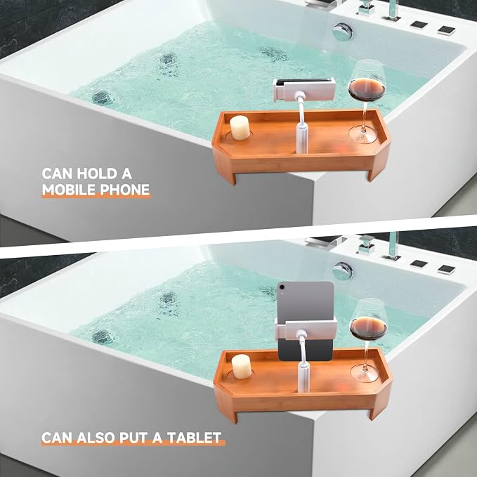 POOLCOMFT Bamboo Hot Tub Tray Table with Adjustable Nonslip Phone Holder, Bath Table Tray Drink Holder for Spa Bathtub, Hot Tub Accessories for Adults, Relaxing Must Have Bath Caddy