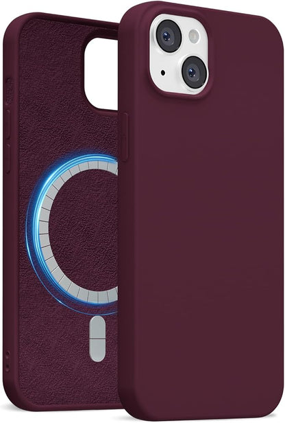 for iPhone 15 Plus/ 14 Plus Case Silicone Compatible with Magsafe Case, Ultra Slim Thin Magnetic Phone Cases Mag Safe, Cute Soft Rubber Gel Wireless Charging Cover for Women, Burgundy Maroon