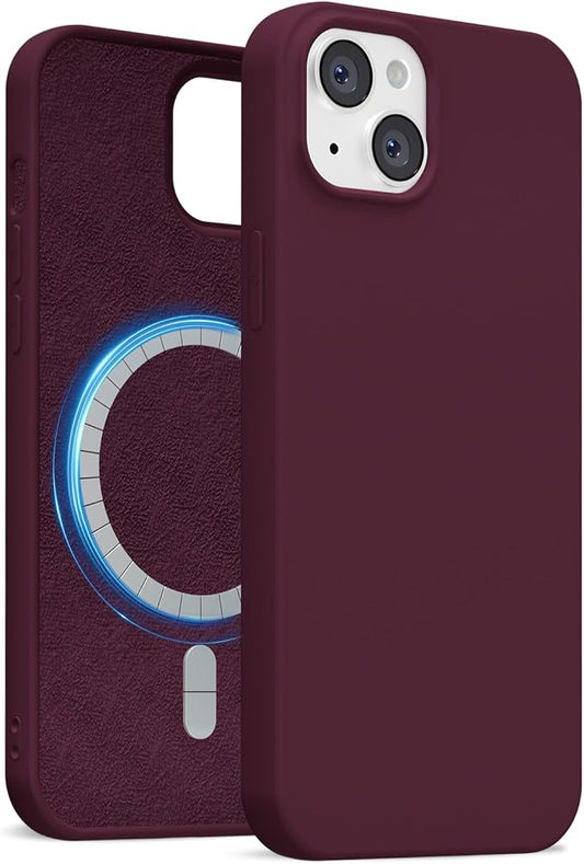 for iPhone 15 Plus/ 14 Plus Case Silicone Compatible with Magsafe Case, Ultra Slim Thin Magnetic Phone Cases Mag Safe, Cute Soft Rubber Gel Wireless Charging Cover for Women, Burgundy Maroon