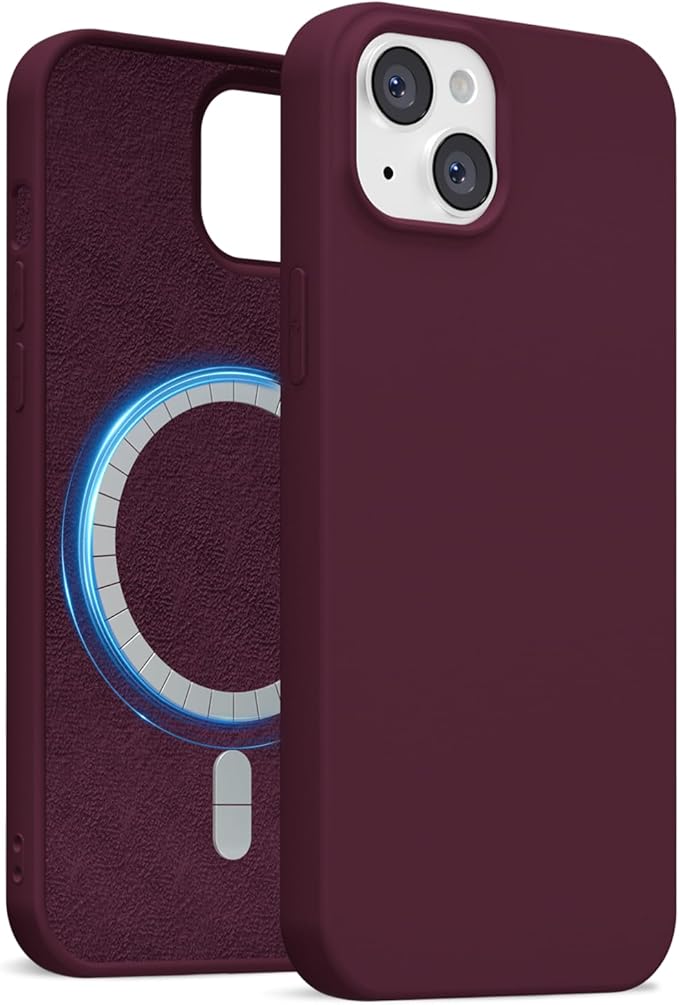 for iPhone 14/ iPhone 13 Case Silicone Compatible with Magsafe Case, Ultra Slim Thin Magnetic Phone Cases Mag Safe, Cute Soft Rubber Gel Matte Wireless Charging Cover for Women, Burgundy Maroon
