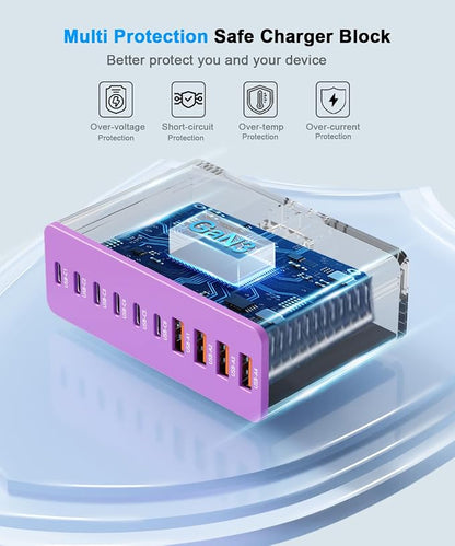 USB C Charging Station 10 Port with 4 Cables,200W GaN Type C Charger Block | Wall Charger Power Strip Adapter Plug for iPad iPhone17 16 15 14 13 12 Pro Max Pixel Note Galaxy Purple