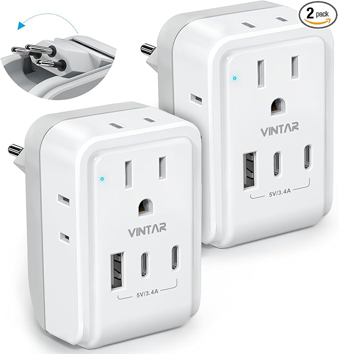 2 Pack Brazil Power Adapter, VINTAR Foldable US to Brazil Travel Adaptor with 4 American Outlets 3 USB Ports(2 USB C), 7 in 1 Type N Plug Adapter for USA to Brazilian Brazil