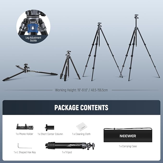 NEEWER LITETRIP LT07 61" Aluminum Travel Camera Tripod, Portable Stand with Ball Head Dual Axis Cell Phone Holder Arca QR Plate Compatible with iPhone for Video Recording, Max Load 22lb
