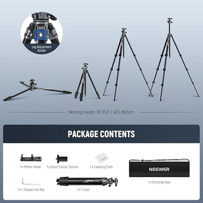 NEEWER LITETRIP LT07 61" Aluminum Travel Camera Tripod, Portable Stand with Ball Head Dual Axis Cell Phone Holder Arca QR Plate Compatible with iPhone for Video Recording, Max Load 22lb