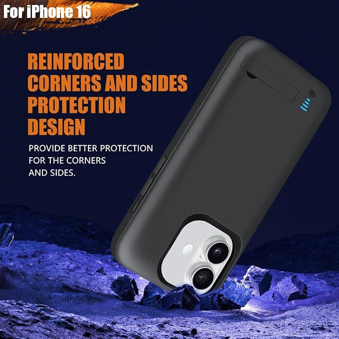 Battery Case for iPhone 16, 5000mAh Rechargeable Extended Battery Charging/Charger Case, Add 100% Extra Juice (6.1 Inches) Black