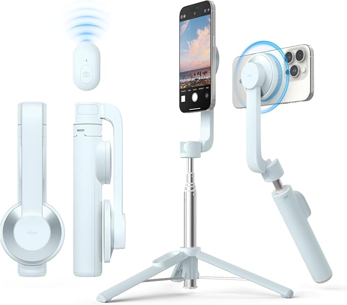 elago Magnetic Selfie Stick Tripod Compatible with MagSafe for iPhone and Galaxy, Strong Magnetism, Portable, Lightweight, Extendable [Pouch, Bluetooth Remote, Guide Sticker Included] [Light Blue]