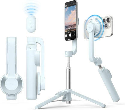 elago Magnetic Selfie Stick Tripod Compatible with MagSafe for iPhone and Galaxy, Strong Magnetism, Portable, Lightweight, Extendable [Pouch, Bluetooth Remote, Guide Sticker Included] [Light Blue]